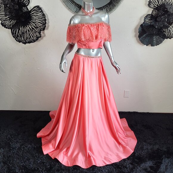NWT~$495~2CUTE~6/8~CORAL 2 PIECE CROP TOP RHINESTONE BEADED MAXI PROM DRESS - Picture 8 of 16